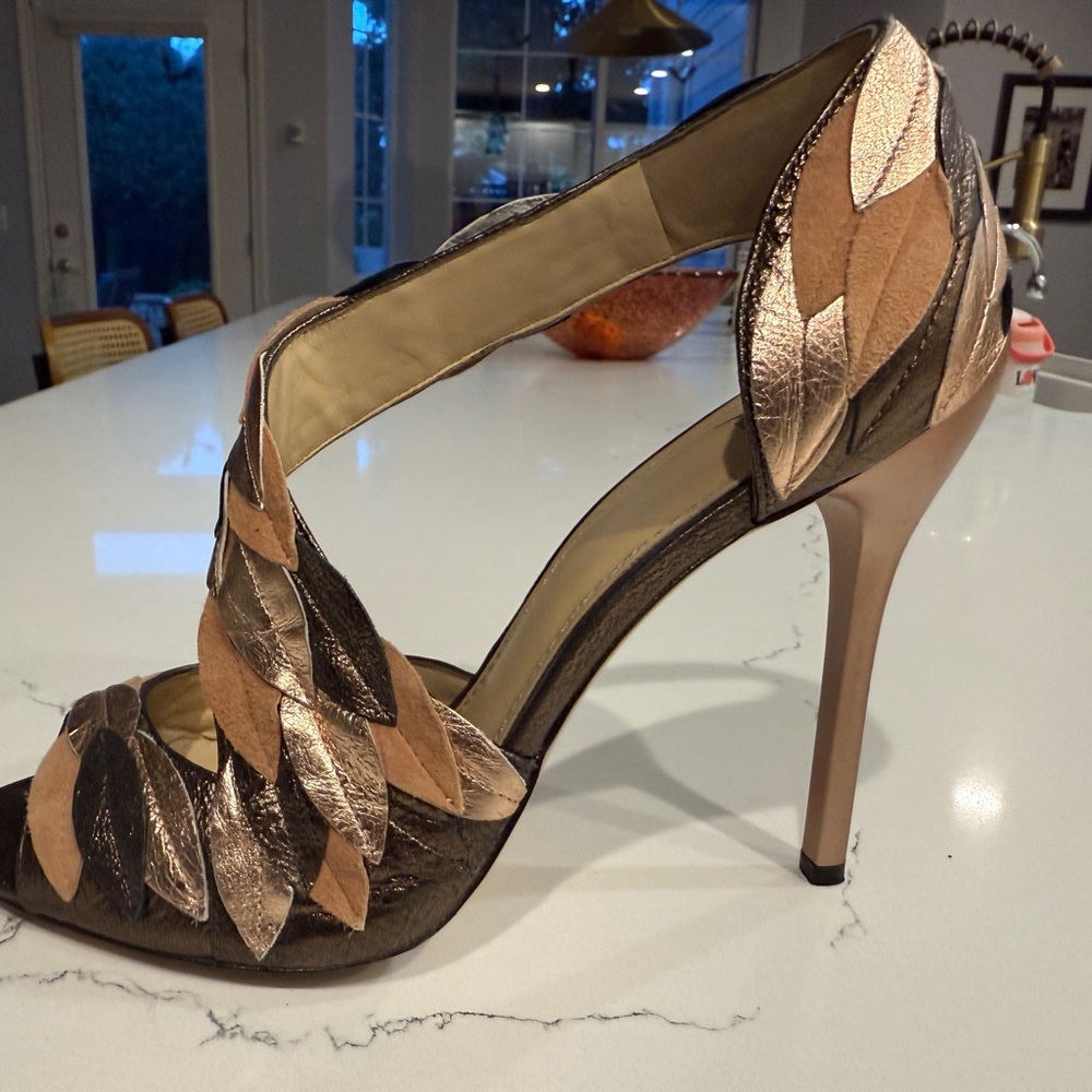 Brian Atwood Metallic and Tan Leaf Heels